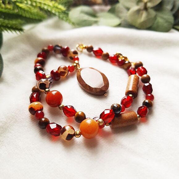 Brown Jasper & Red Jade Beaded Pendant Necklace - 24k Gold Plated Stainless - Picture 11 of 16